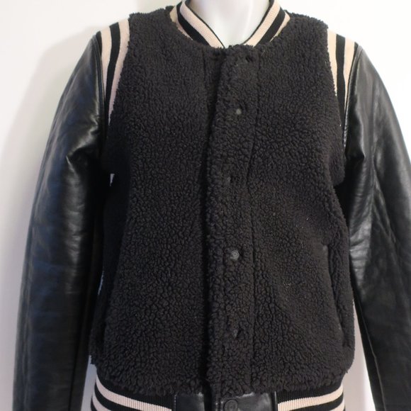 Womens Mother The Snap Letterman Black Mix Media Sherpa Faux Leather Jacket M * - Picture 4 of 16